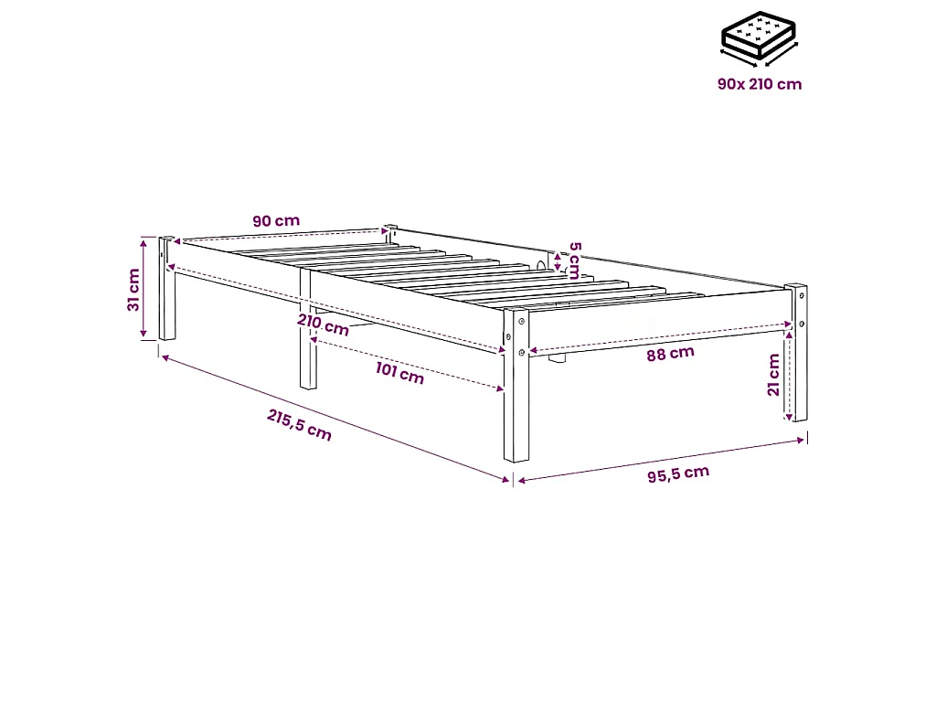 Bedframe extra lang zonder matras grenenhout wit 90x210 cm