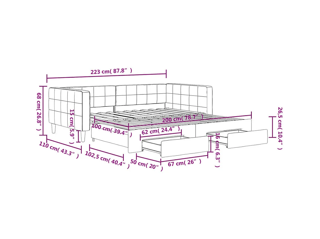 Lit de jour avec gigogne et tiroirs sans matelas 100x200 cm