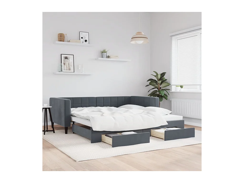 Divano Letto Estraibile Cassetti Grigio Scuro 100x200cm Velluto