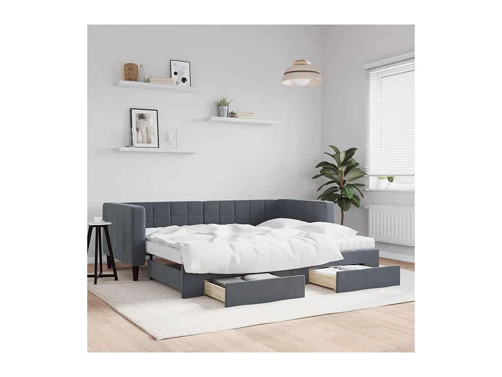 Lit de jour avec gigogne et tiroirs gris foncé 90x200cm velours