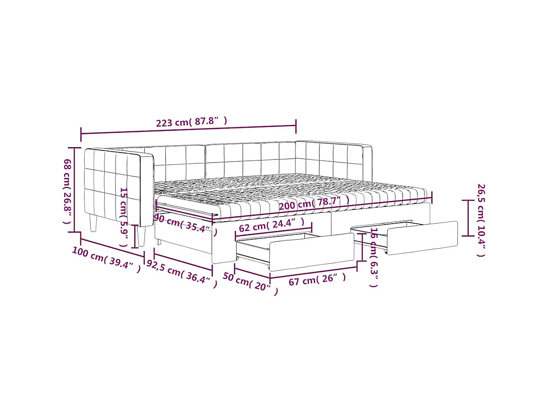 Lit de jour avec gigogne et tiroirs gris foncé 90x200cm velours