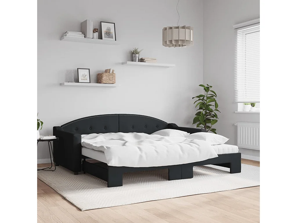 Divano Letto Estraibile con Materassi Nero 90x190 cm in Tessuto