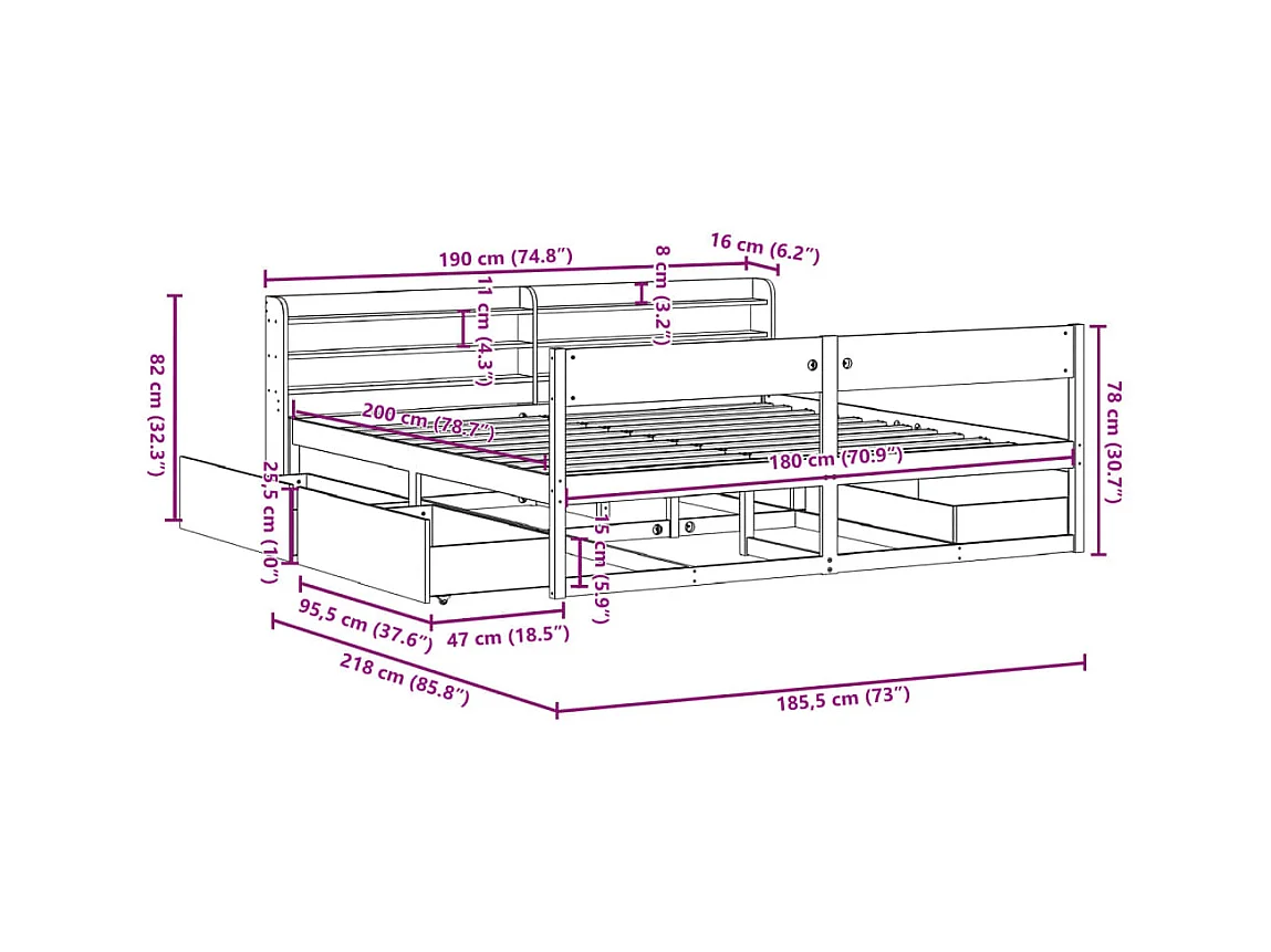 Cadre de lit sans matelas cire marron 180x200cm bois pin massif