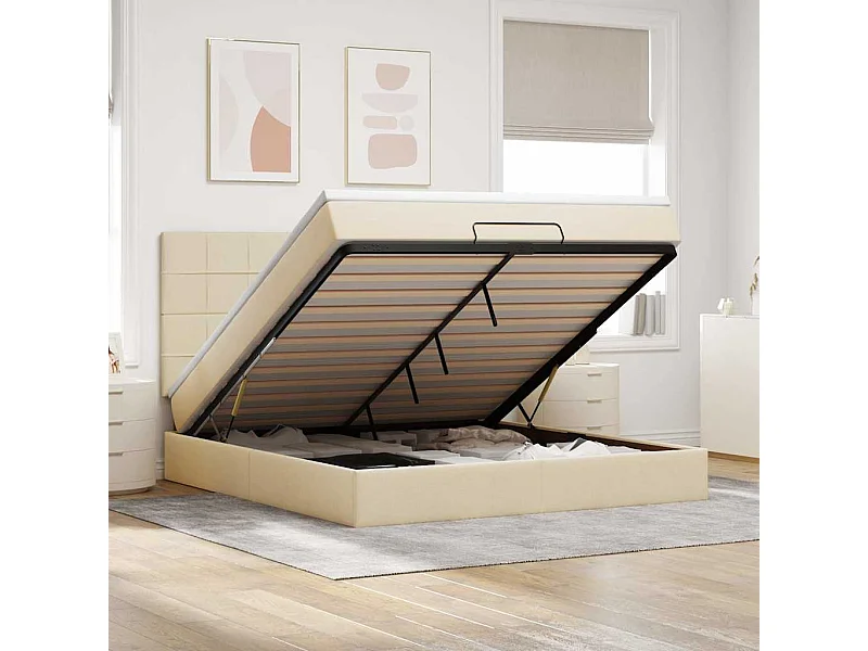 Struttura Letto Pouf con Materasso Crema 160x200 cm in Tessuto