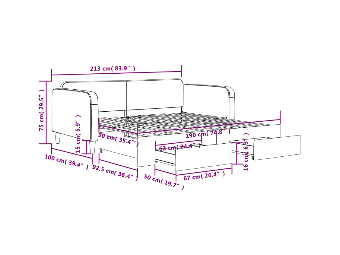 Tagesbett Ausziehbar mit Schubladen Hellgrau 90x190 cm Stoff