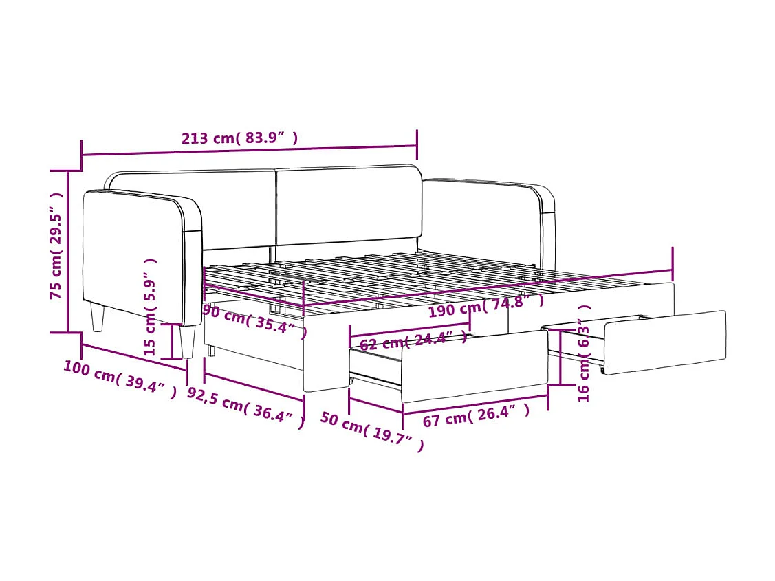 Lit de jour avec gigogne et tiroirs gris clair 90x190 cm tissu