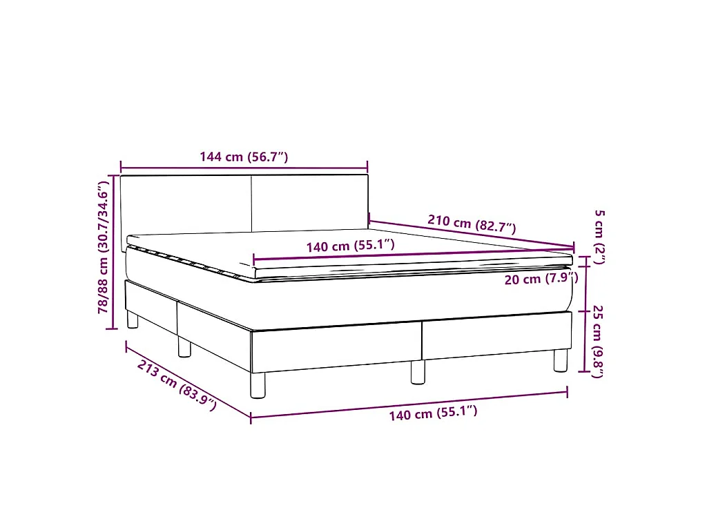 Cama box spring con colchón terciopelo rosa 140x210 cm