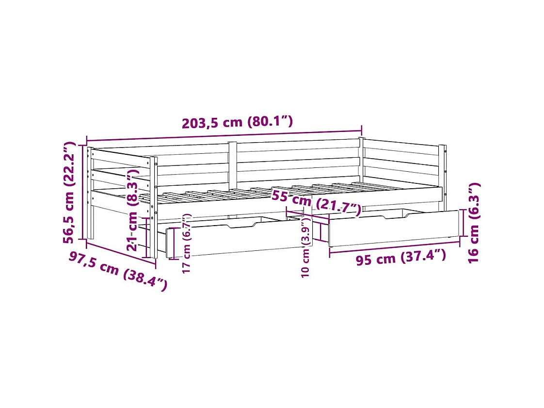 Lit de jour avec tiroirs sans matelas 90x200 cm bois massif