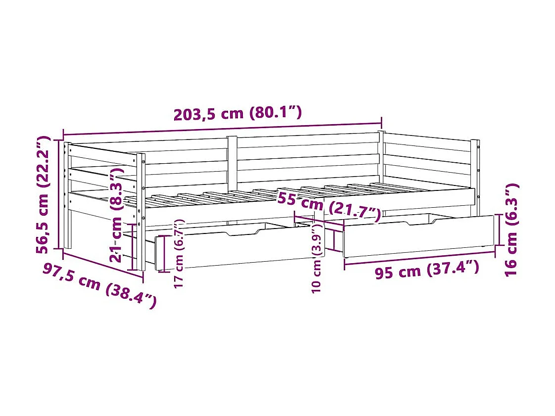 Tagesbett mit Schubladen 90x200 cm Massivholz Kiefer