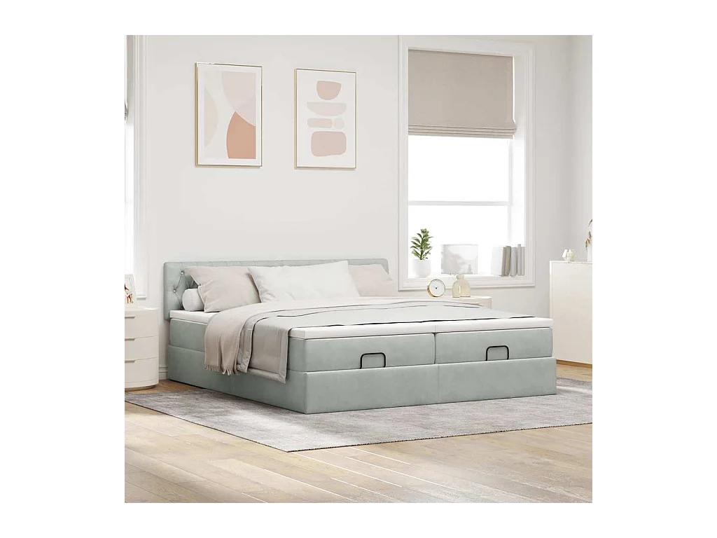 Cadre de lit ottoman et matelas gris clair 180x200cm velours