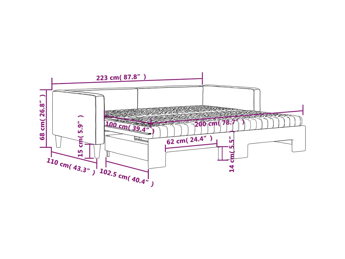 Lit de jour avec gigogne et matelas taupe 100x200 cm tissu