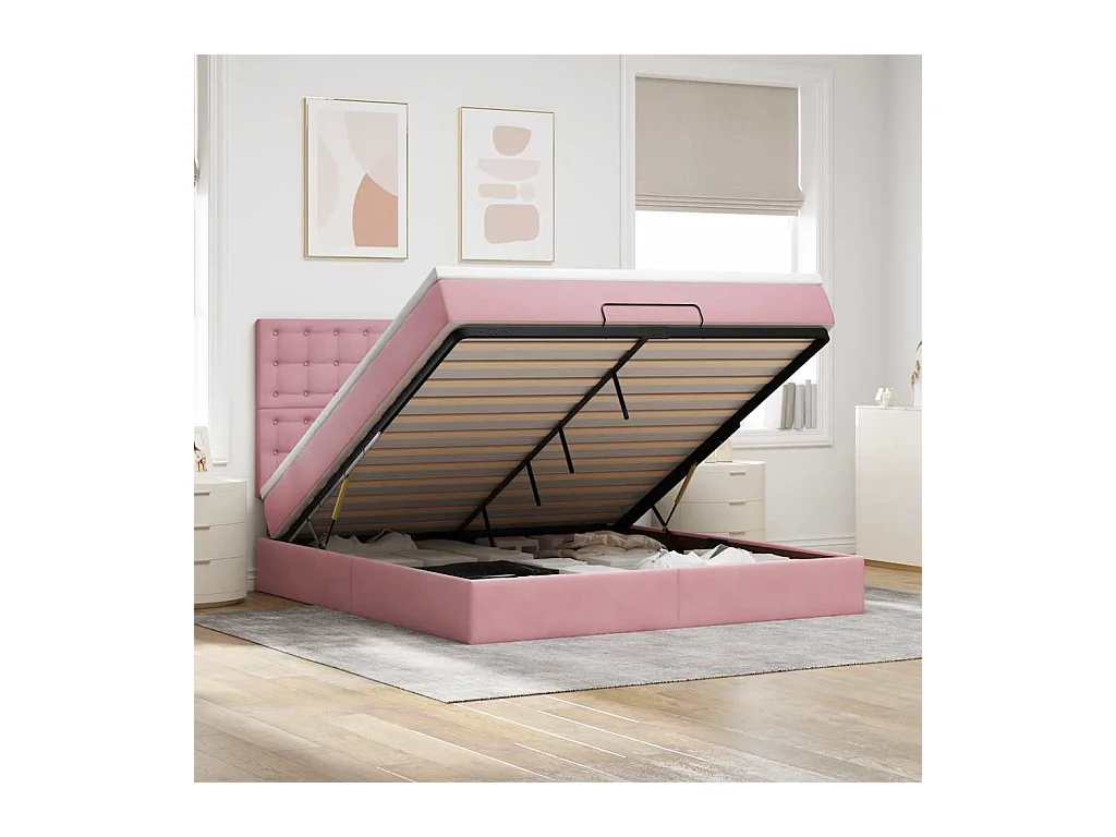 Cadre de lit ottoman avec matelas rose 180x200 cm velours