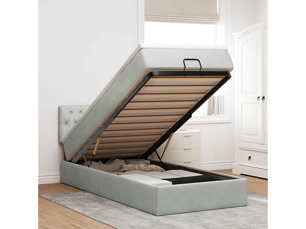 Estrutura cama otomana colchão 90x190 cm veludo cinzento claro
