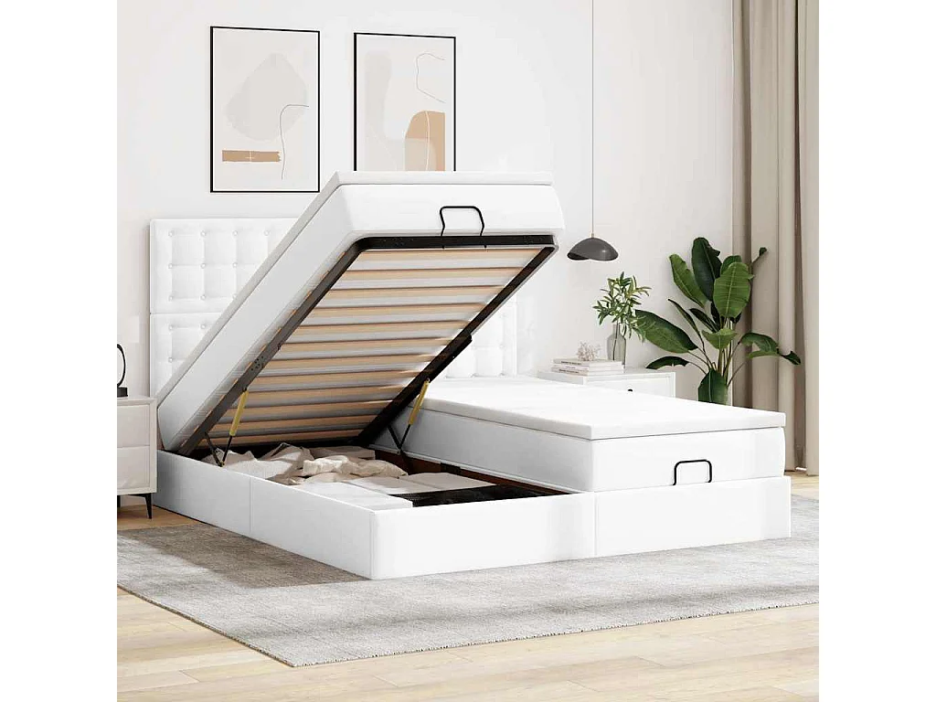 Cadre de lit ottoman et matelas blanc pur 180x200 cm similicuir