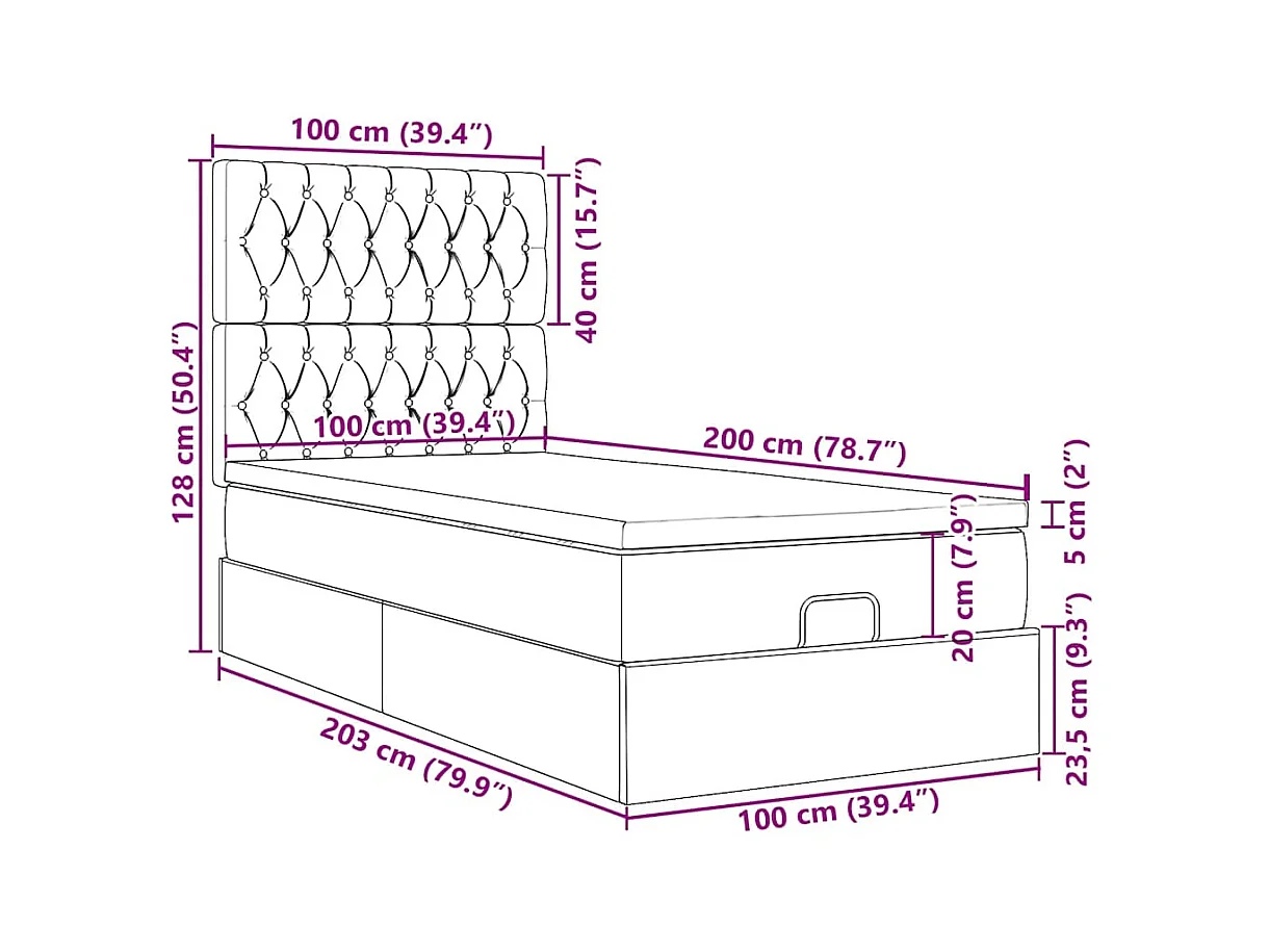 Ottoman-Bett mit Matratzen & LEDs Schwarz 100x200 cm Samt