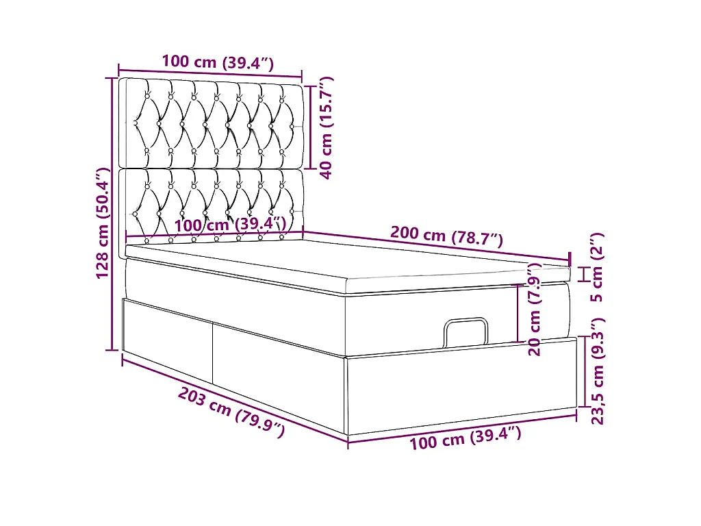 Cadre de lit ottoman avec matelas noir 100x200cm velours