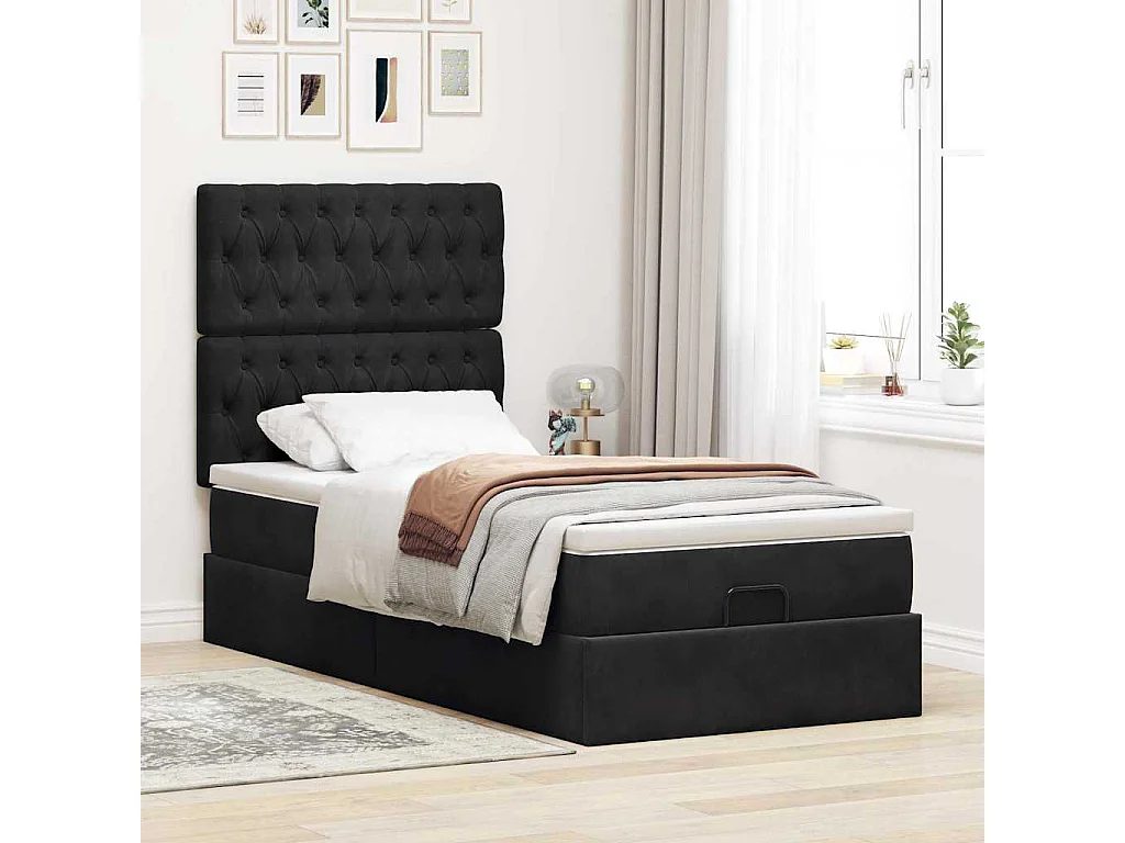 Cadre de lit ottoman avec matelas noir 100x200cm velours