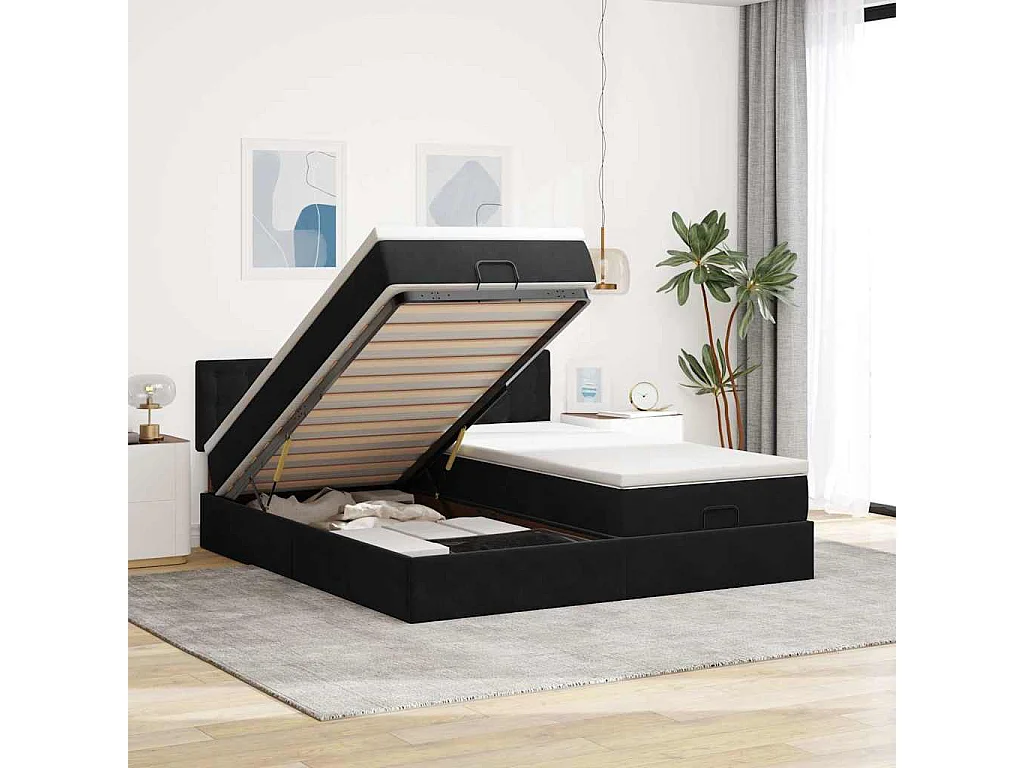 Cadre de lit ottoman avec matelas noir 180x200cm velours
