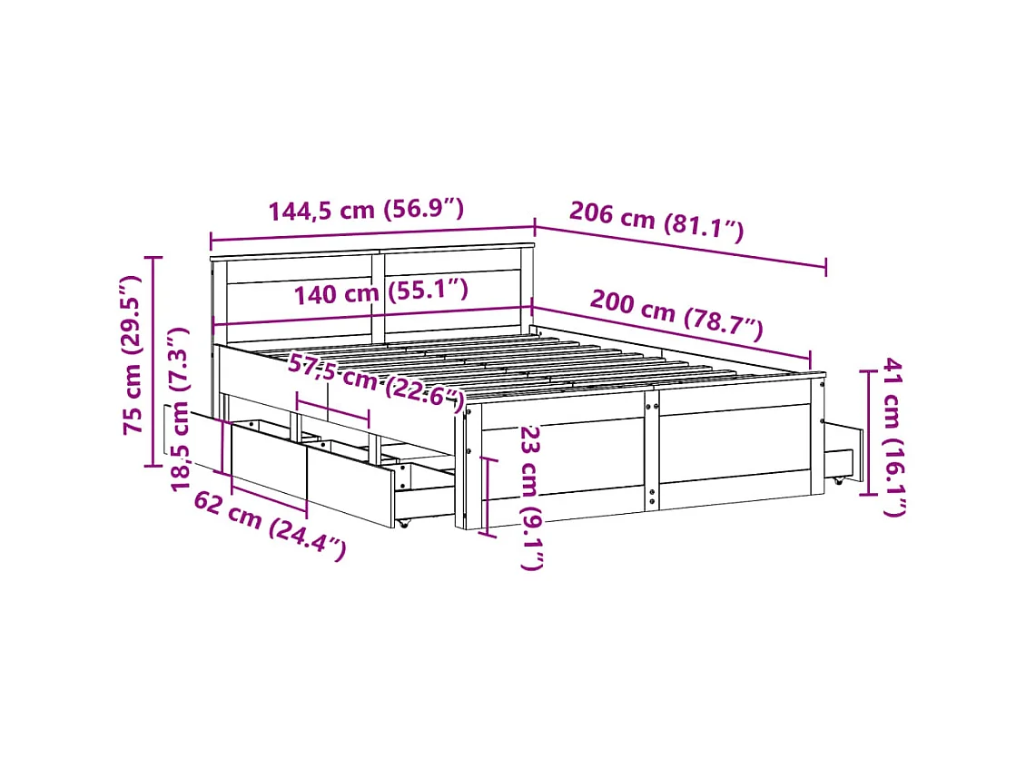 Cadre de lit sans matelas avec tête de lit 140x200 cm bois pin