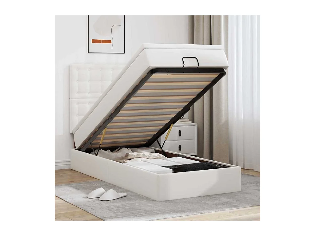 Cadre de lit ottoman avec matelas blanc 90x200 cm similicuir