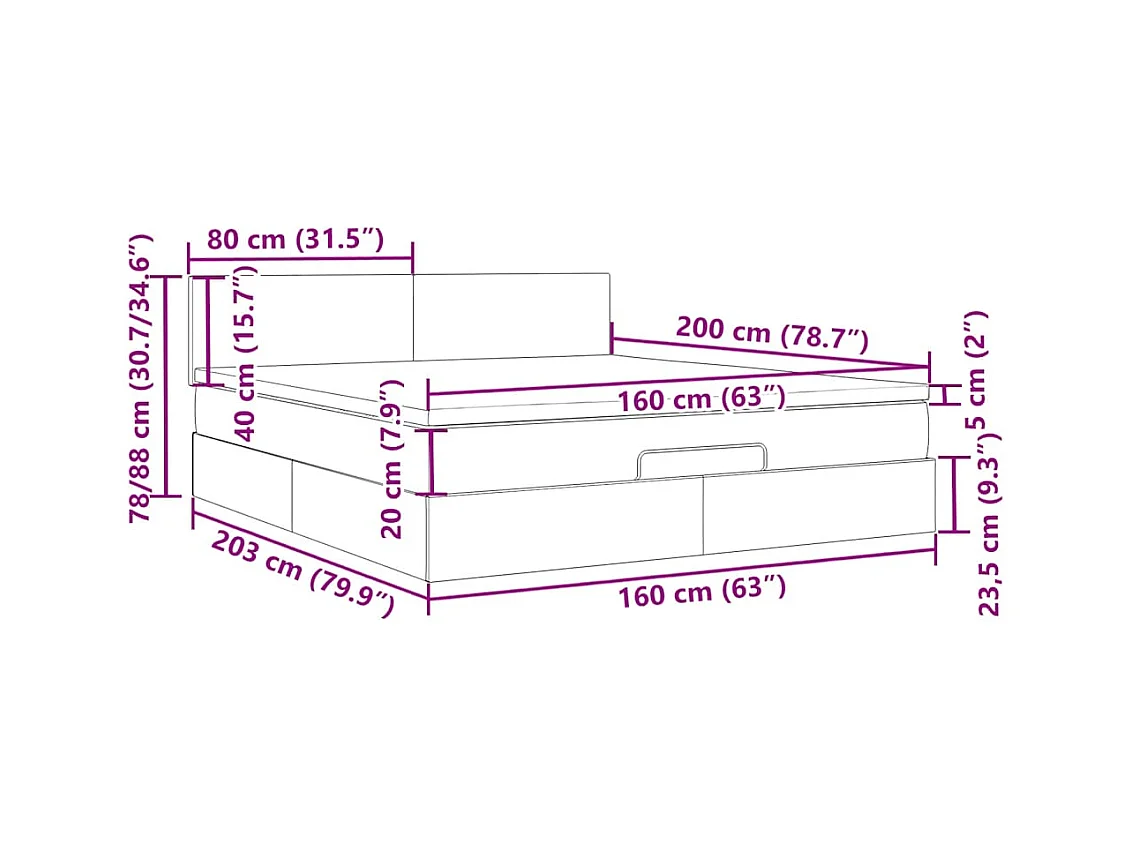 Cadre de lit ottoman avec matelas gris foncé 160x200cm tissu