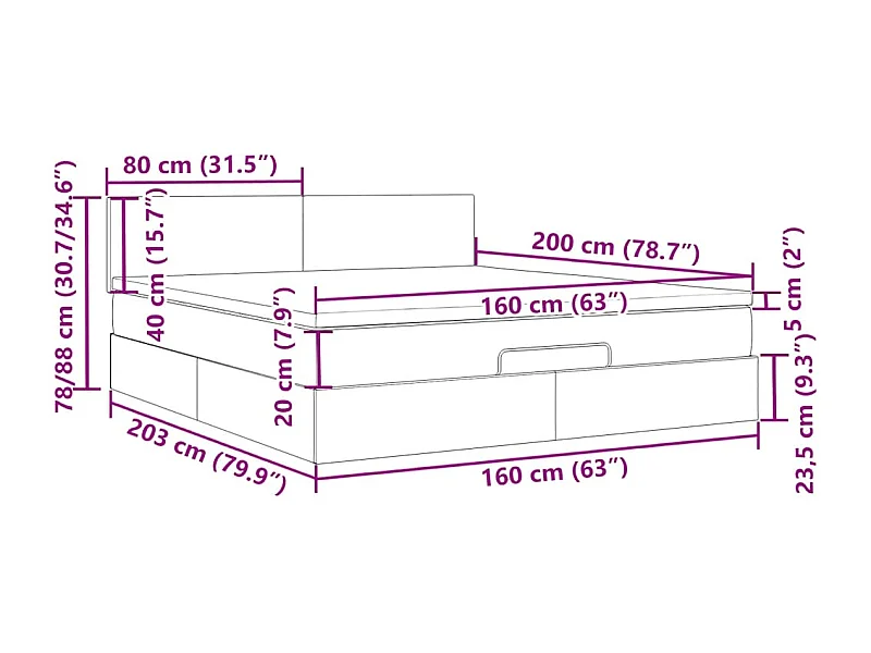 Cadre de lit ottoman avec matelas gris foncé 160x200cm tissu