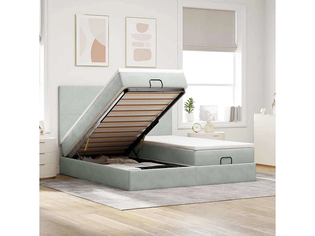 Cadre de lit ottoman et matelas gris clair 180x200cm velours