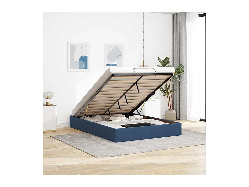 Estructura de cama otomana sin colchón tela azul 140x190cm
