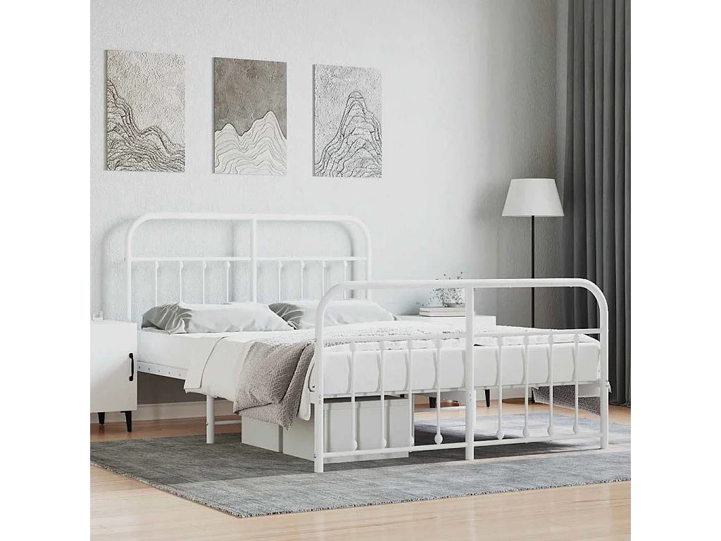 Cadre de lit métal sans matelas et pied de lit blanc 140x190 cm