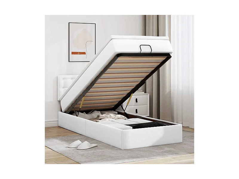 Ottoman-Bett mit Matratzen & LEDs Reinweiß 100x200cm Kunstleder