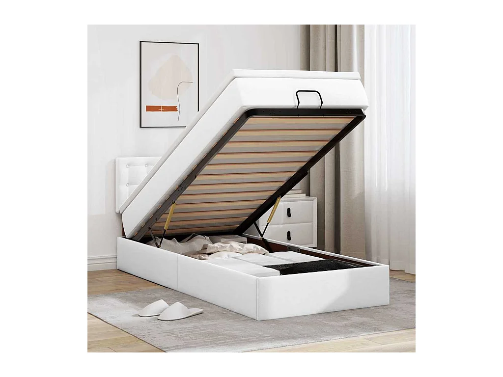 Cadre de lit ottoman et matelas blanc pur 100x200cm similicuir