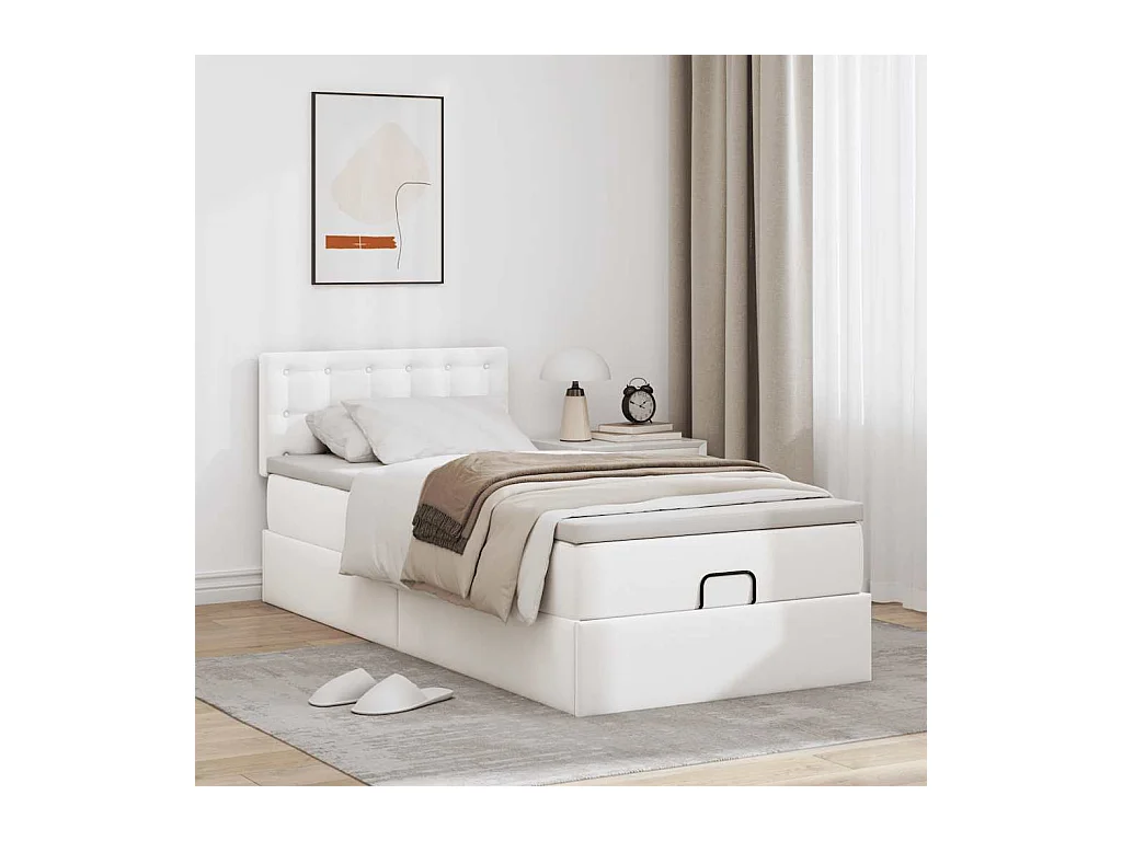 Cadre de lit ottoman et matelas blanc pur 100x200cm similicuir