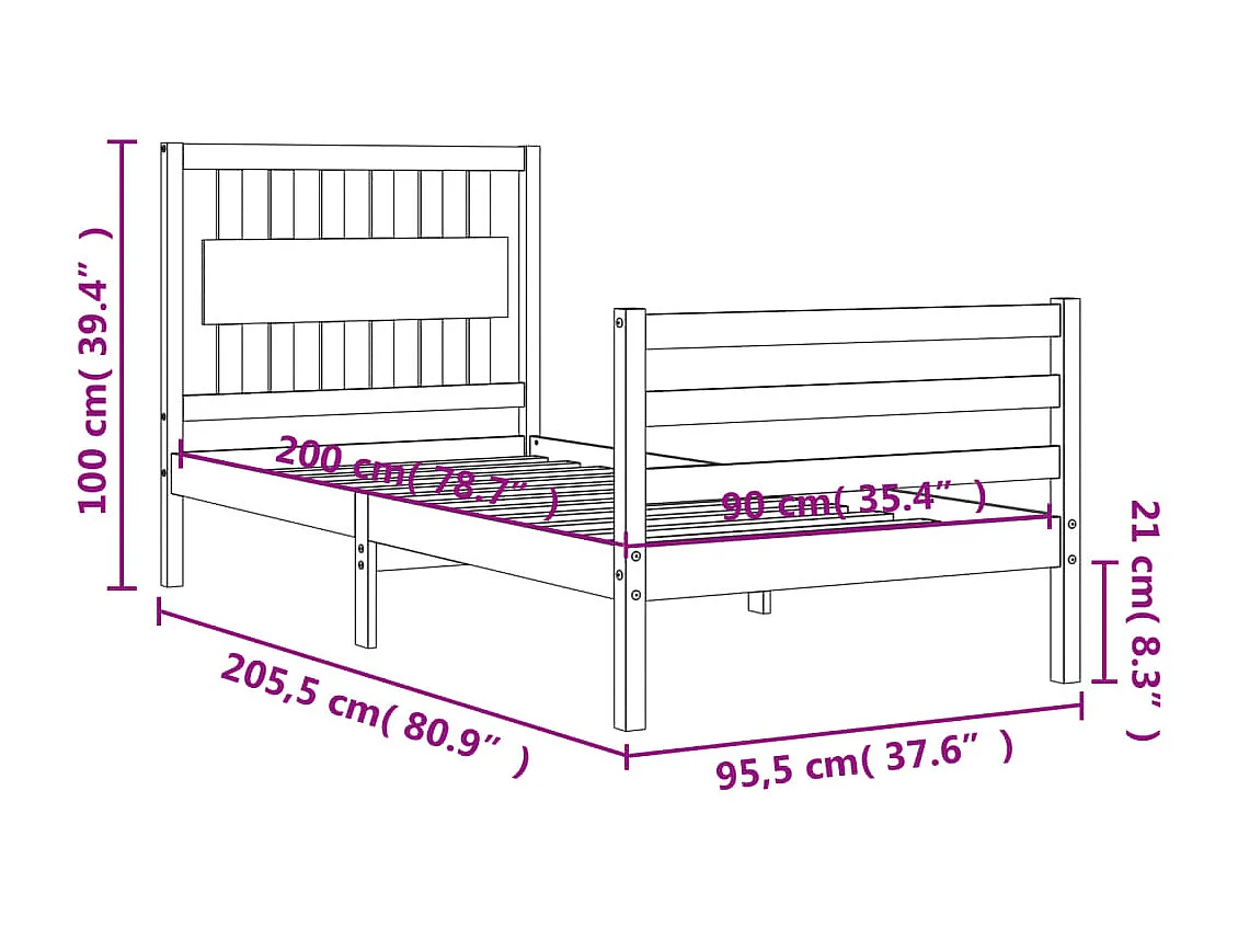 Estrutura de cama com cabeceira 90x200 cm madeira maciça