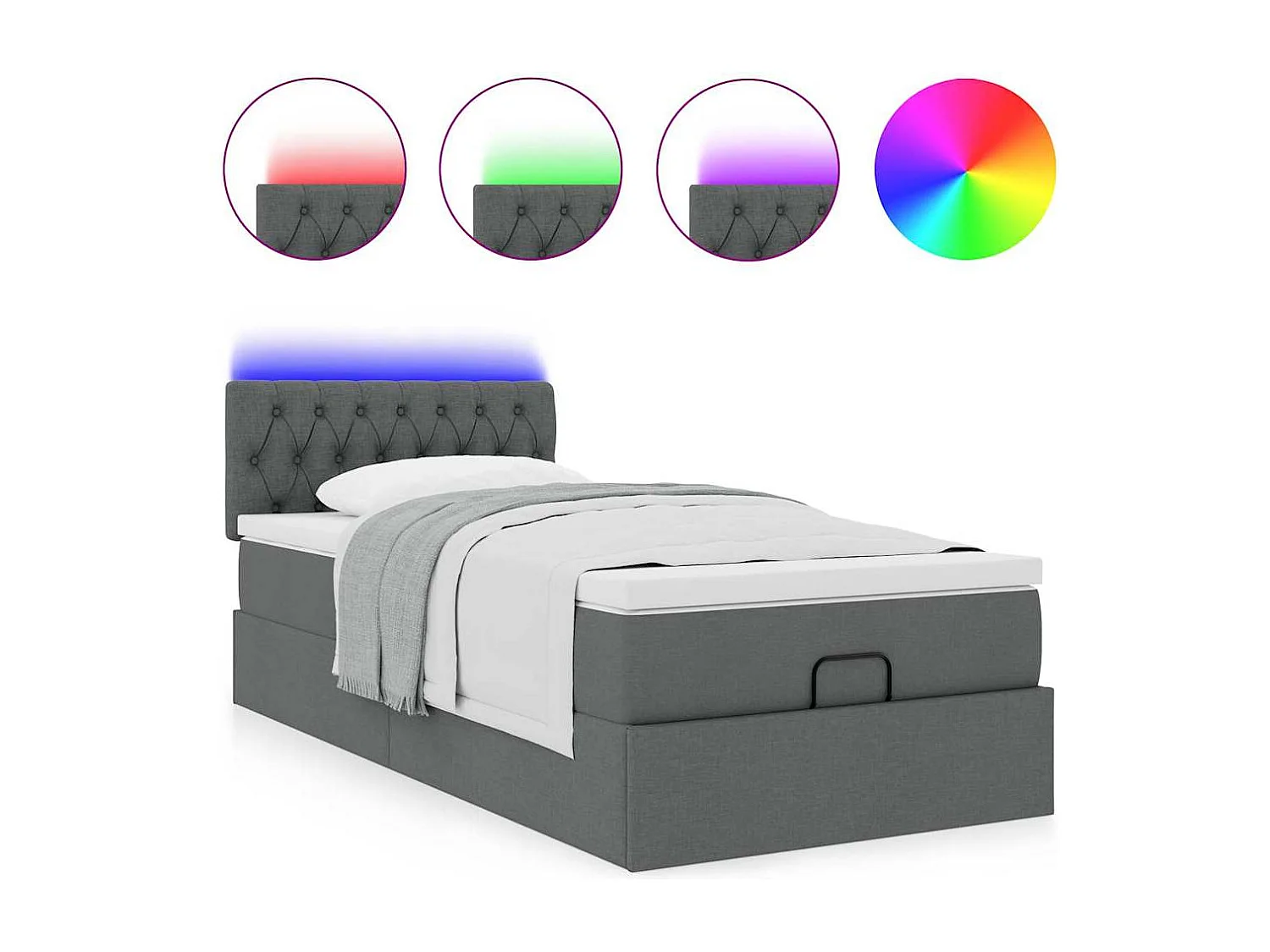 Lit ottoman avec matelas et LED gris foncé 90x200 cm tissu