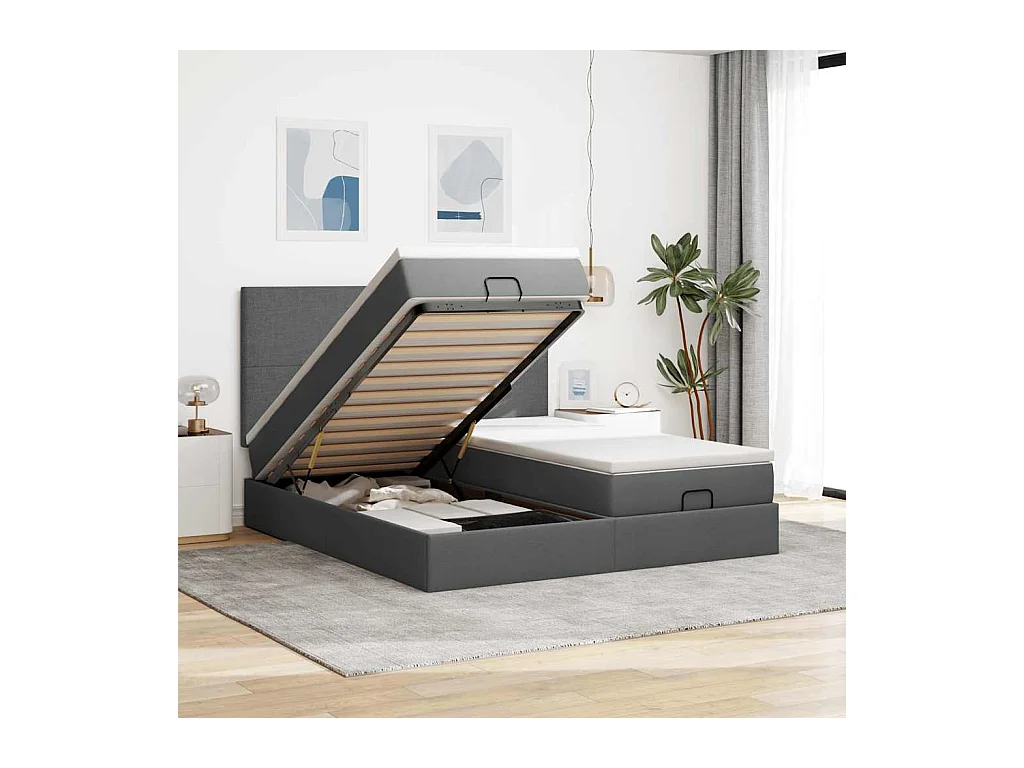 Ottoman-Bett mit Matratzen & LEDs Dunkelgrau 160x200 cm Stoff