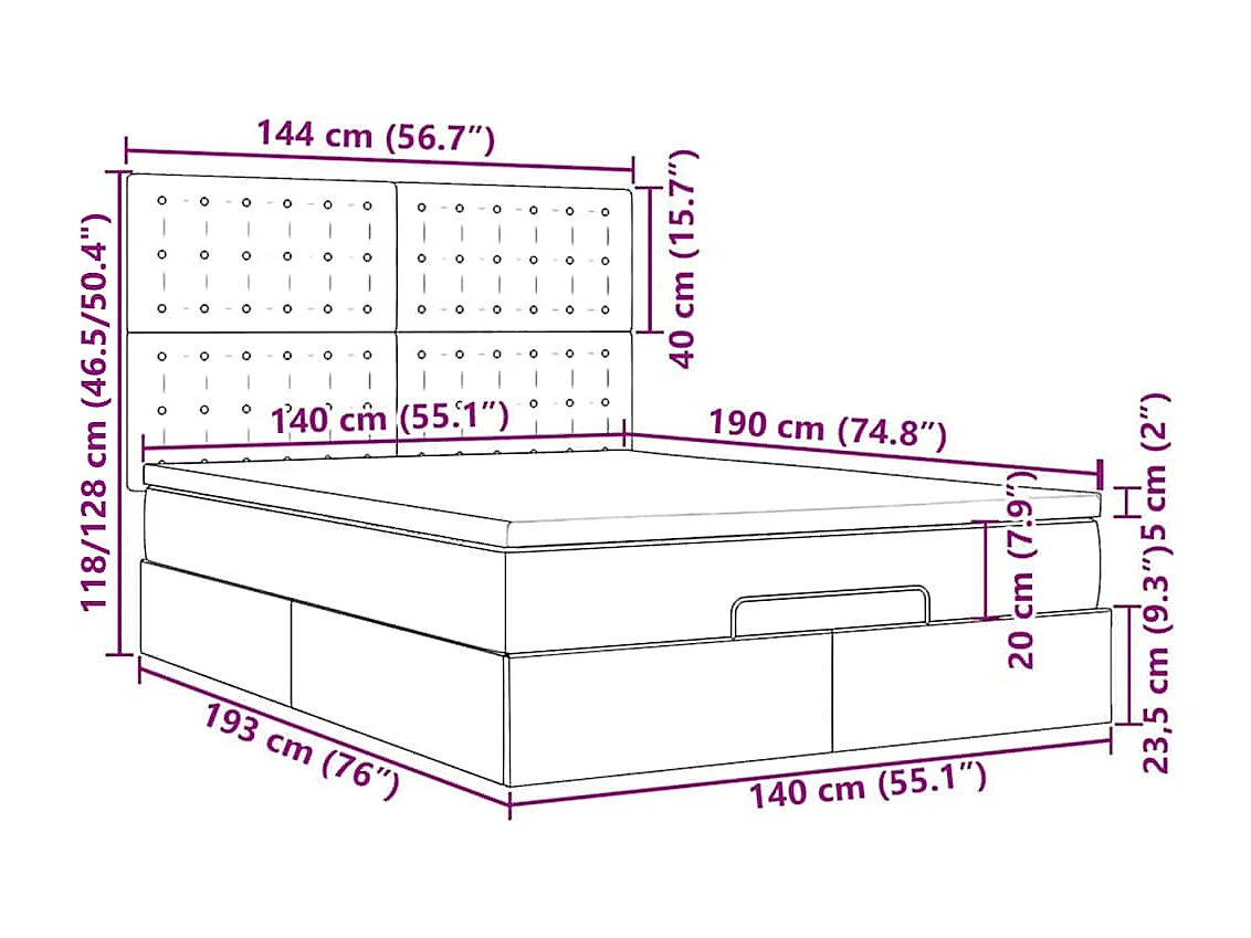 Cadre de lit ottoman avec matelas gris foncé 140x190 cm tissu