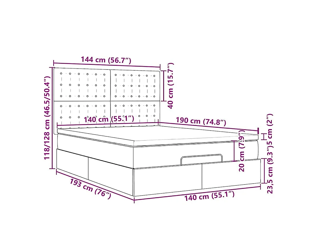 Estrutura de cama otomana com colchão 140x190cm cinzento escuro