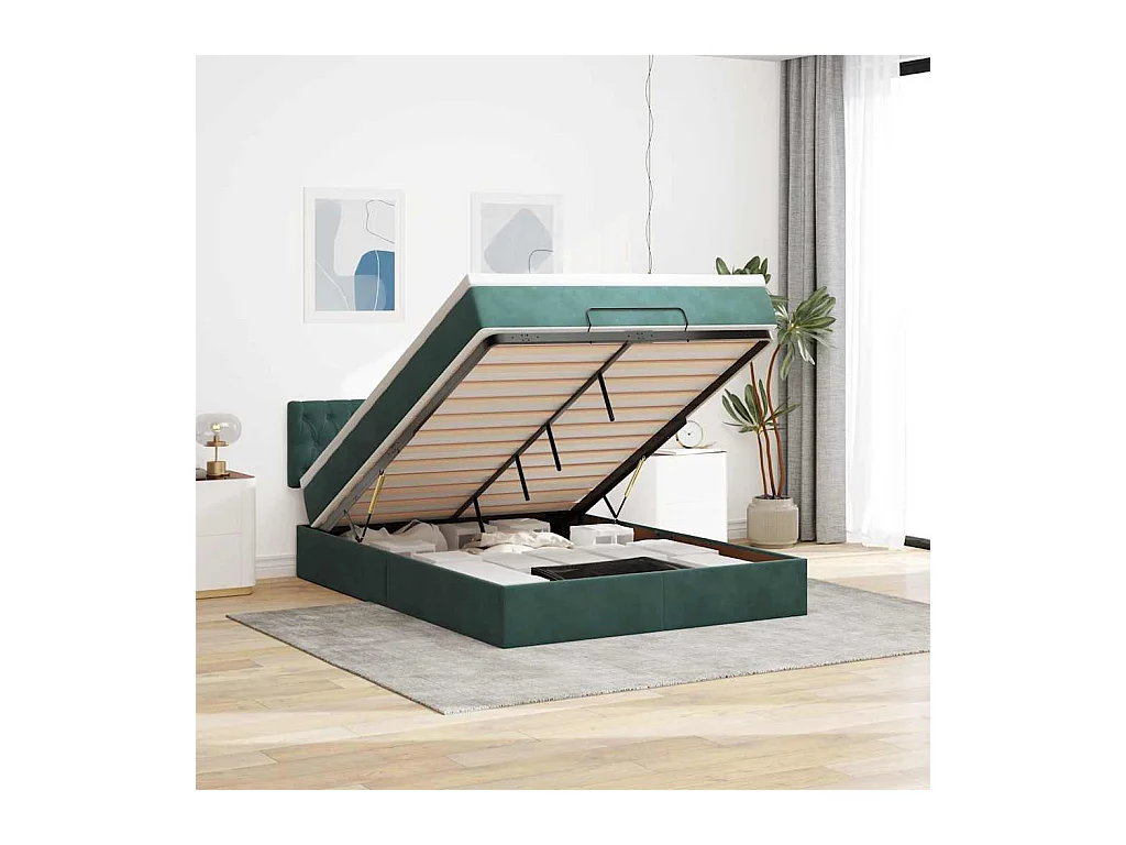 Cadre de lit ottoman avec matelas vert foncé 140x200 cm velours