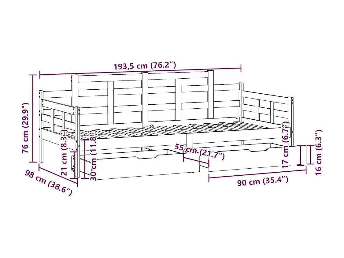 Sofá cama con cajones madera maciza de pino 90x190 cm