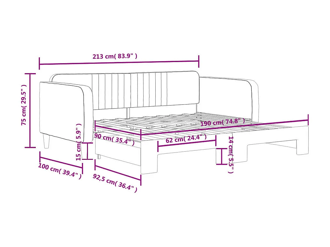 Lit de jour avec gigogne sans matelas gris foncé 90x190 cm