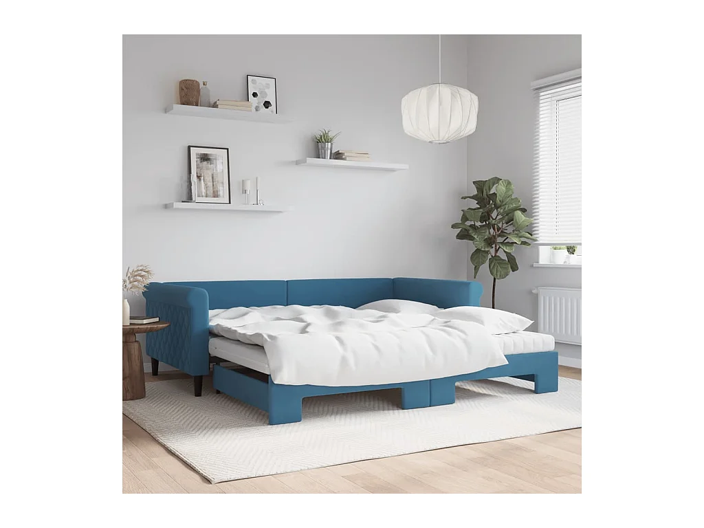 Slaapbank onderschuifbed en matrassen 100x200 cm fluweel blauw