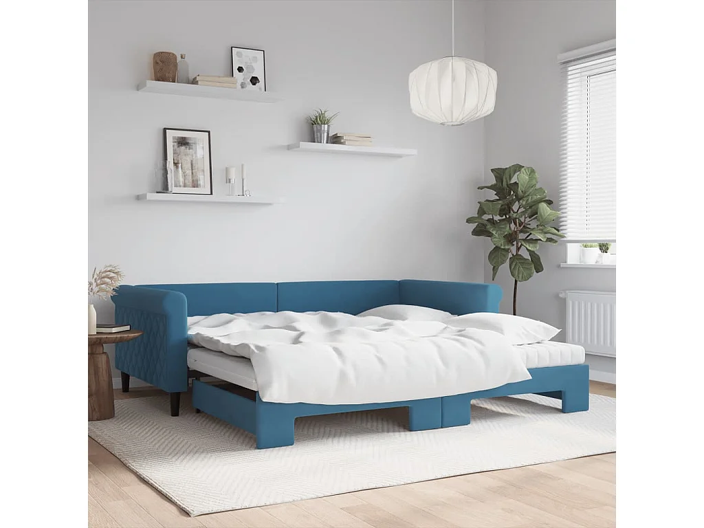 Tagesbett Ausziehbar mit Matratzen Blau 100x200 cm Samt