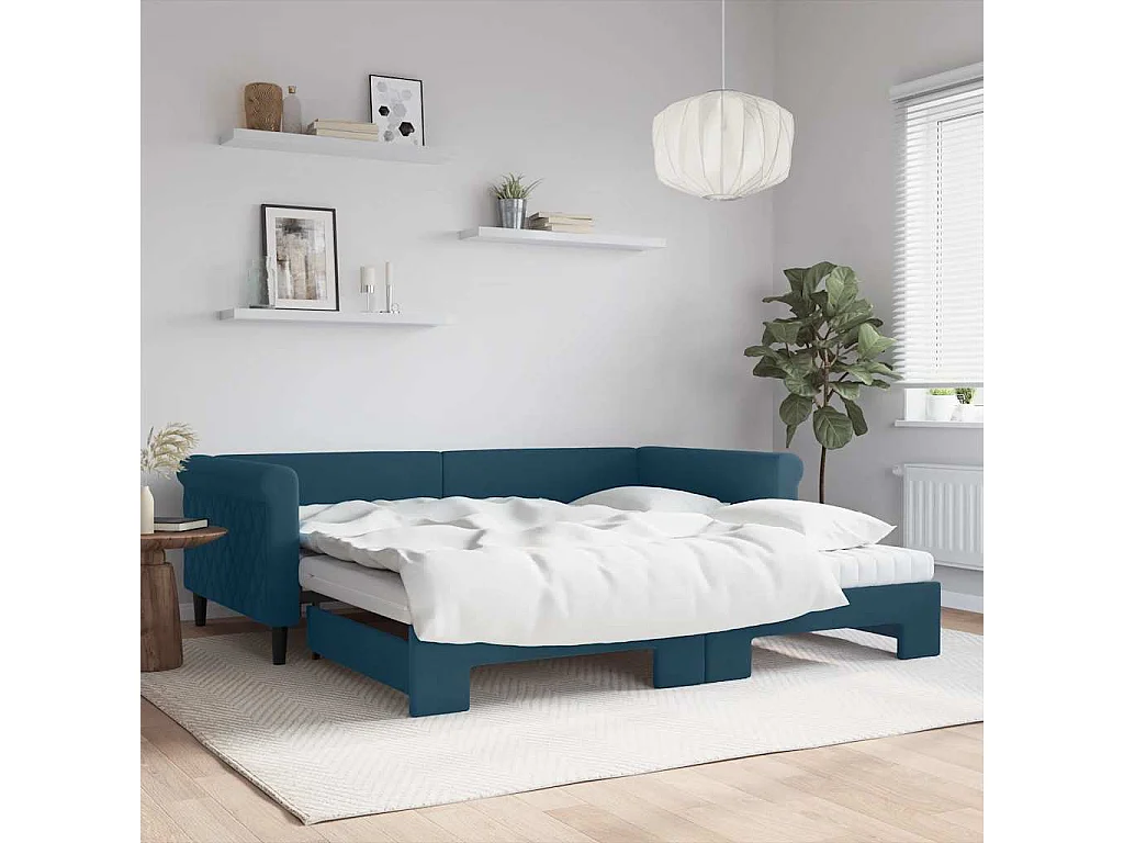 Lit de jour avec lit gigogne et matelas bleu 100x200 cm velours