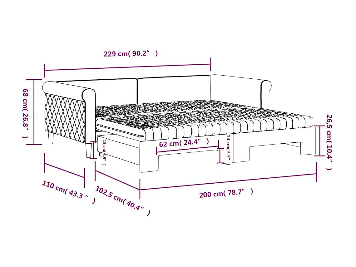 Lit de jour avec lit gigogne et matelas bleu 100x200 cm velours