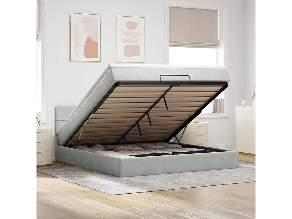 Ottoman-Bett mit Matratze & LEDs Hellgrau 180x200 cm Samt