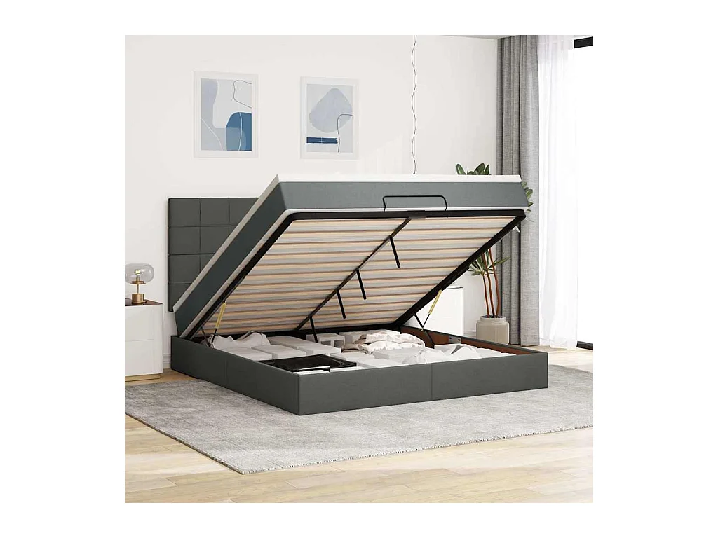 Cadre de lit ottoman avec matelas gris foncé 180x200 cm tissu