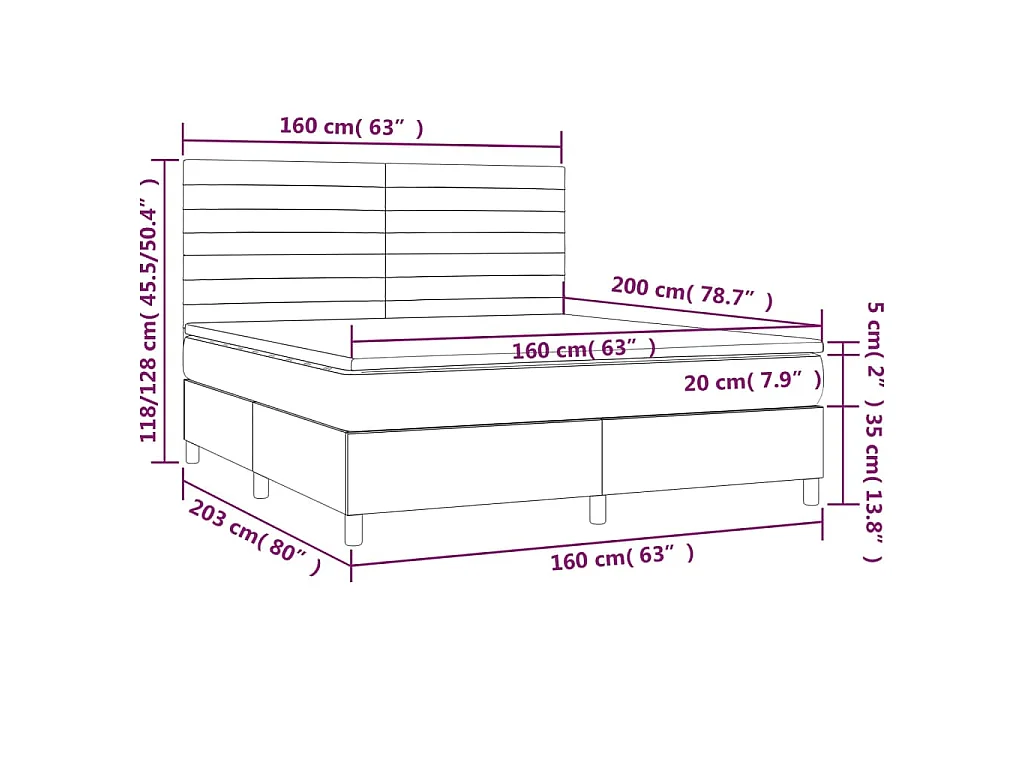 Cama box spring colchón y luces LED tela gris taupe 160x200 cm