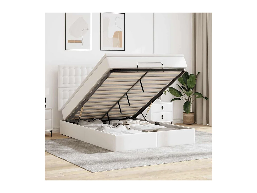 Cadre de lit ottoman avec matelas blanc 140x200 cm similicuir