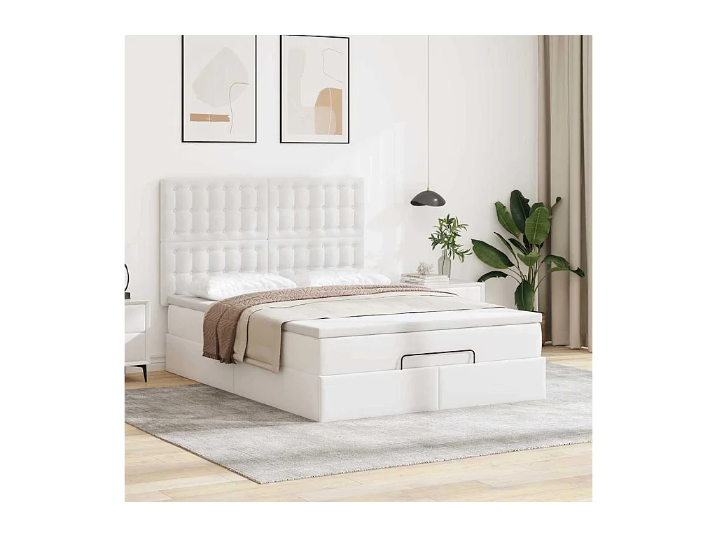 Cadre de lit ottoman avec matelas blanc 140x200 cm similicuir