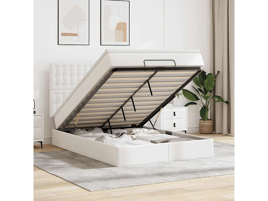 Cadre de lit ottoman avec matelas blanc 140x200 cm similicuir